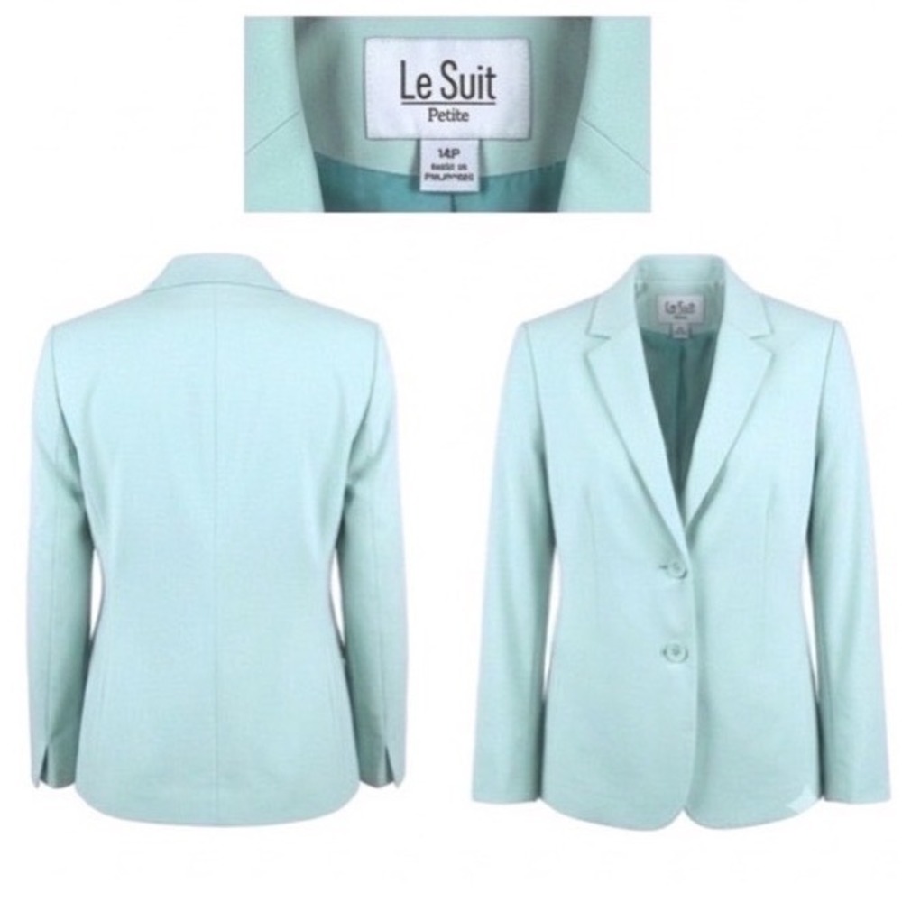 Le Suit Petite Women 14P Aqua Blue Pastel Two Button Blazer Jacket Career Office